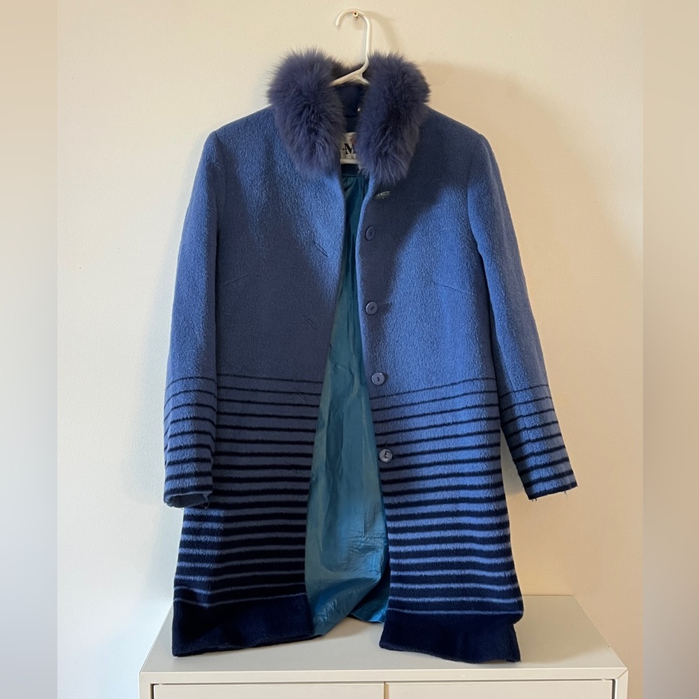 Blue Stripe Coat with Fur Collar